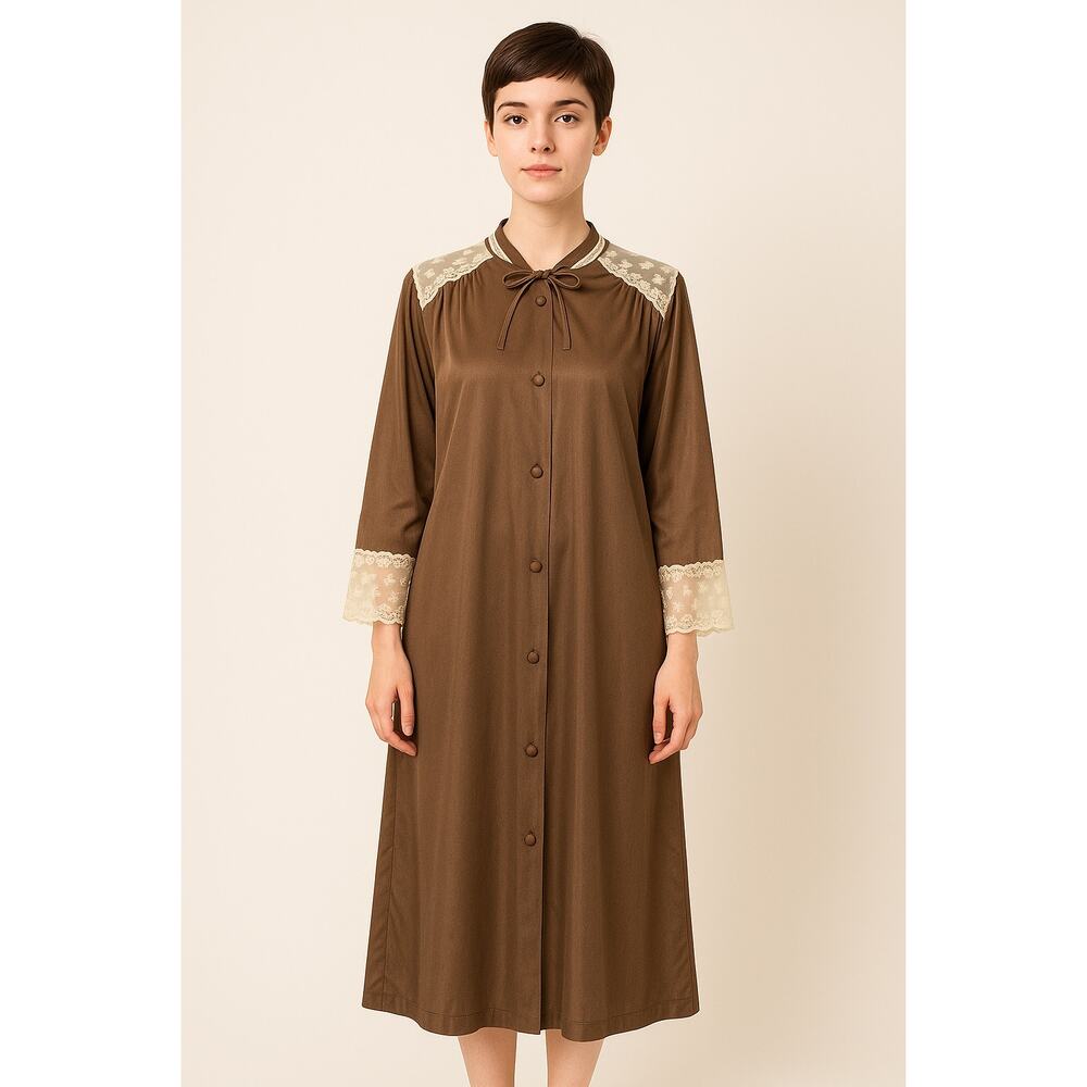 Vintage 70s Sans Souci Brown Nylon Lace Trim Long… - image 1